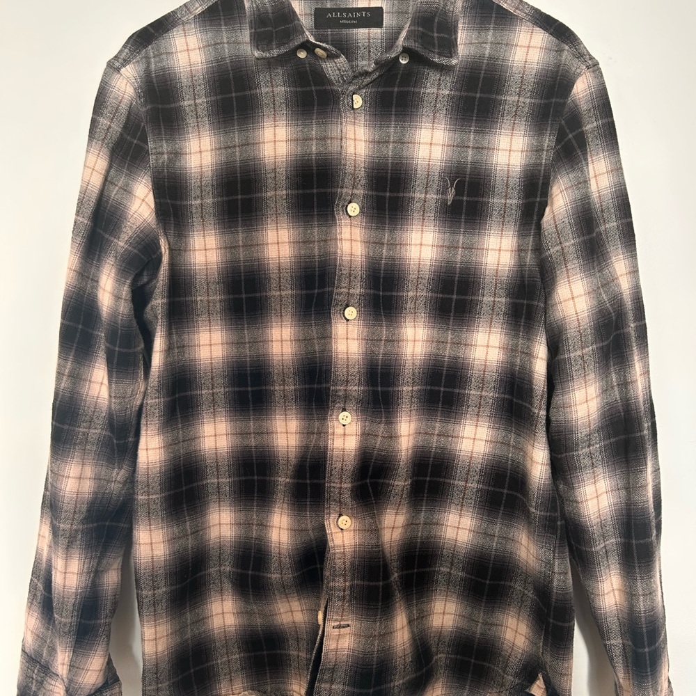 All Saints Black and Cream Plaid Button-Down Shirt